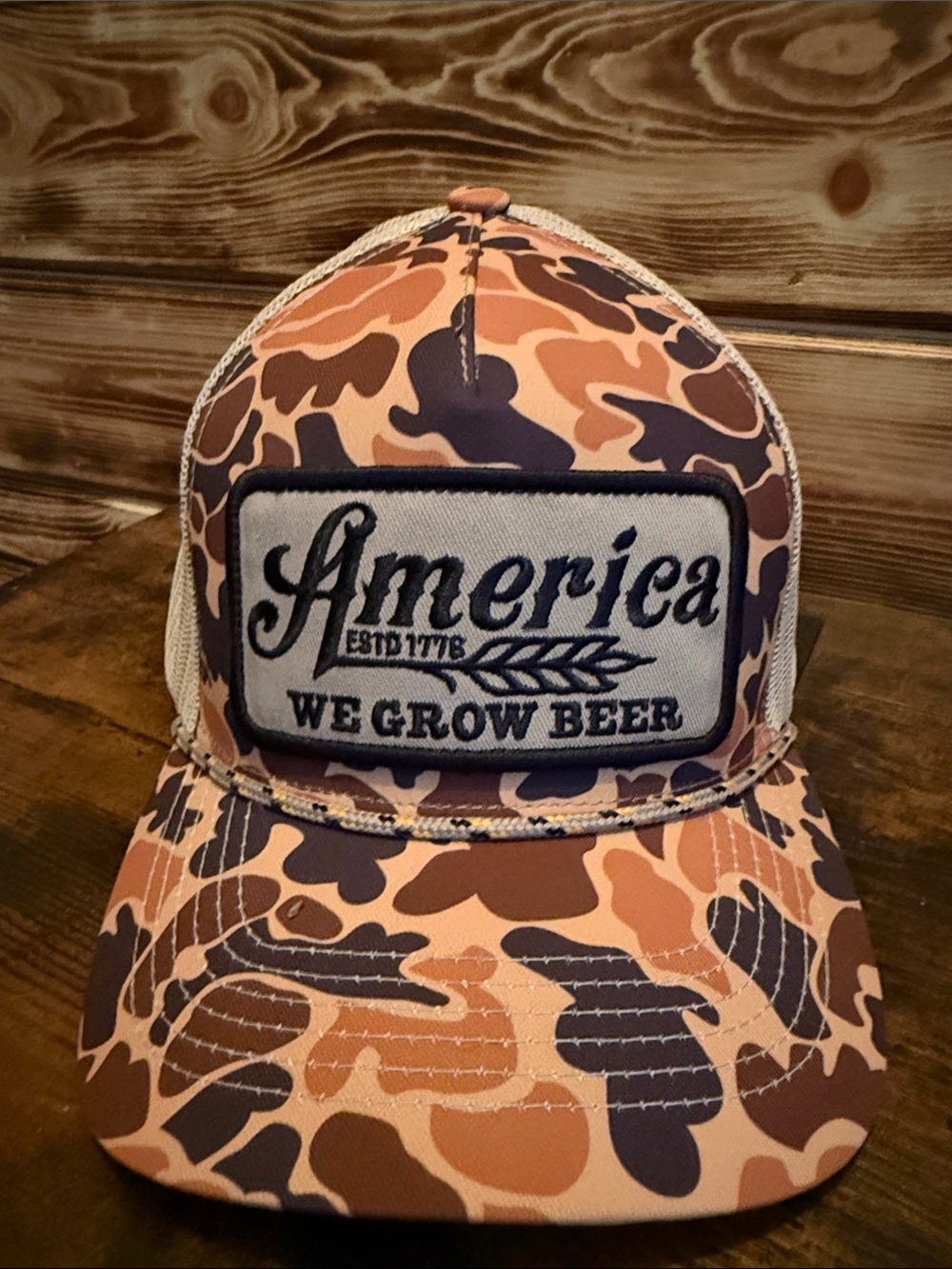 Camo Trucker Hat with Front Patch - Brown & Tan
